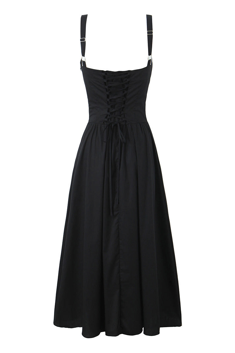 Straps Black Button Front Summer Dress with Lace