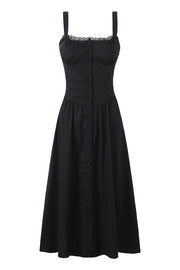 Straps Black Button Front Summer Dress with Lace