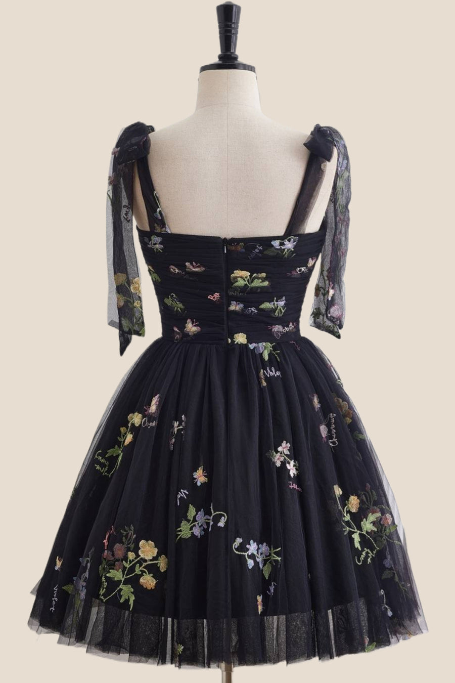 Straps Black Floral Ruched Tulle Short Dress