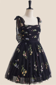 Straps Black Floral Ruched Tulle Short Dress