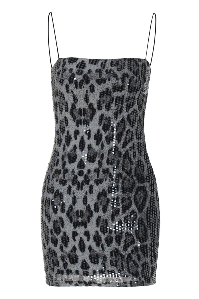 Straps Brown Leopard Party Dress with Sequin