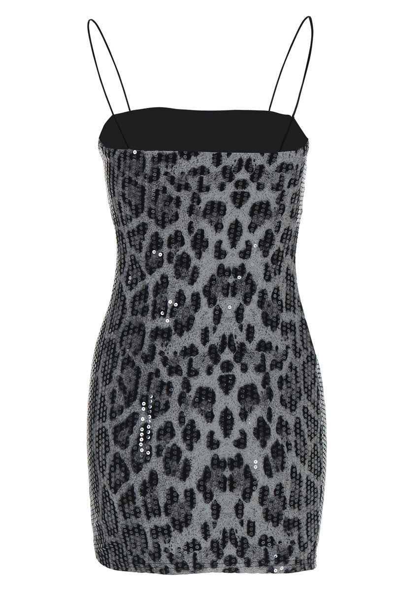 Straps Brown Leopard Party Dress with Sequin