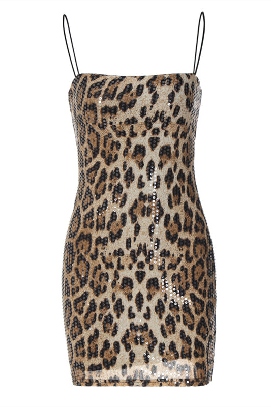 Straps Brown Leopard Party Dress with Sequin