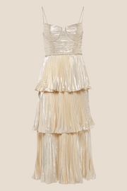 Champagne Pleated Tiered Long Dress with Beaded