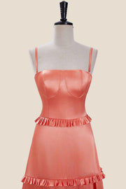 Straps Orange Ruffles Long Dress with Slit