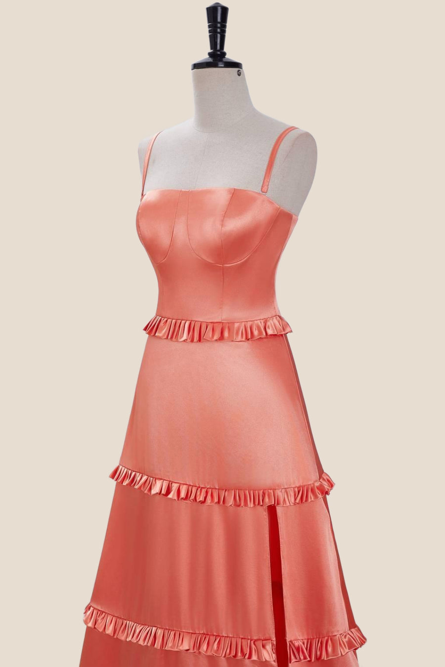 Straps Orange Ruffles Long Dress with Slit