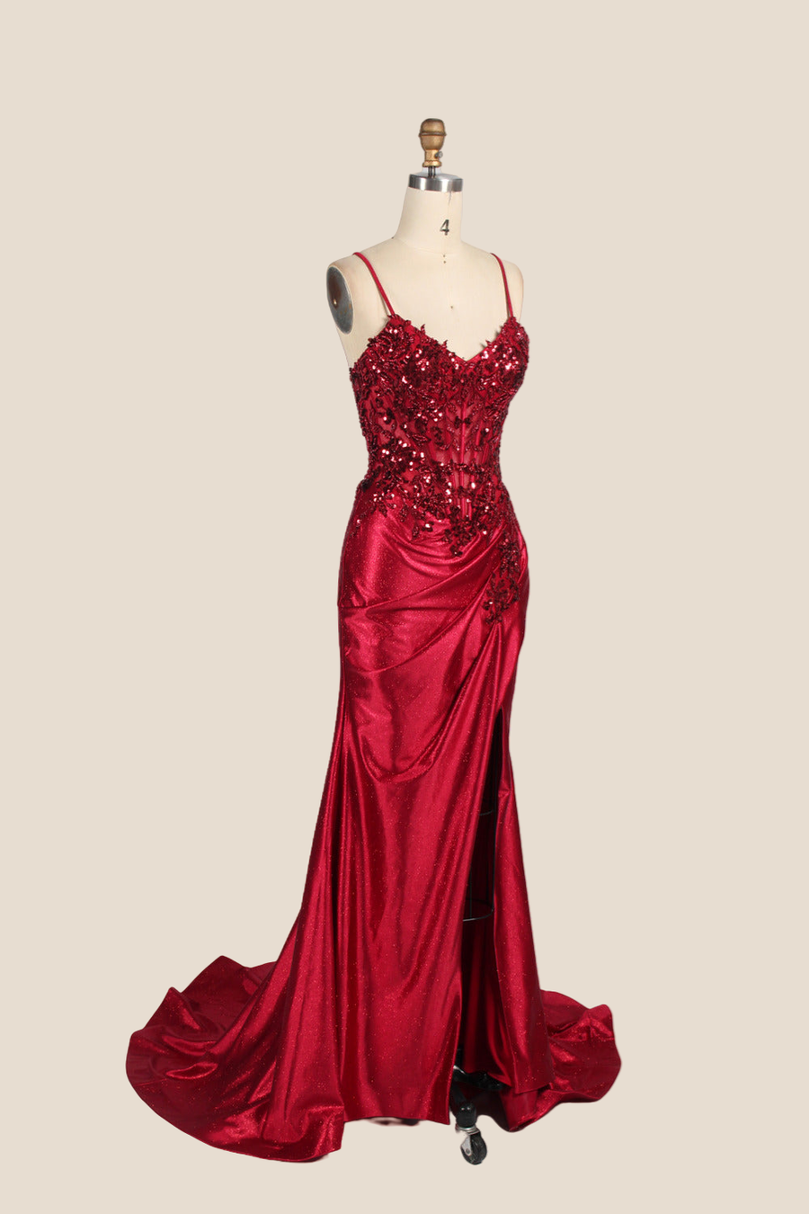 Straps Deep Red Appliques Long Dress with Slit