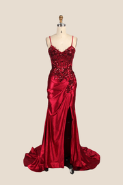 Straps Deep Red Appliques Long Dress with Slit