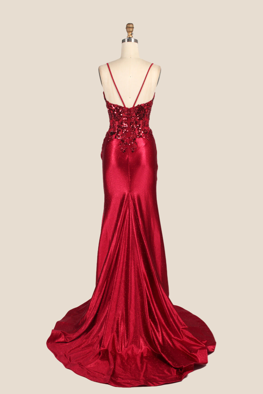 Straps Deep Red Appliques Long Dress with Slit