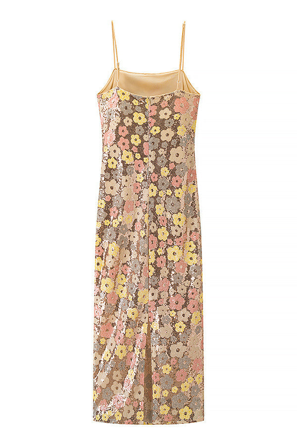 Straps Gold Floral Sequin Long Dress