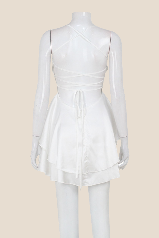 Straps White Lace-up Back Tiered Mini Dress