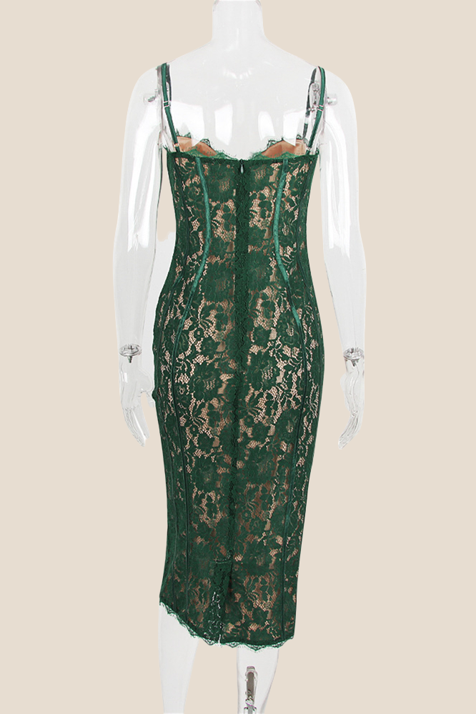 Straps Green Lace Sheath Midi Dress with Slit