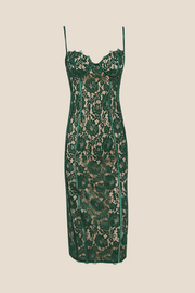 Straps Green Lace Sheath Midi Dress with Slit