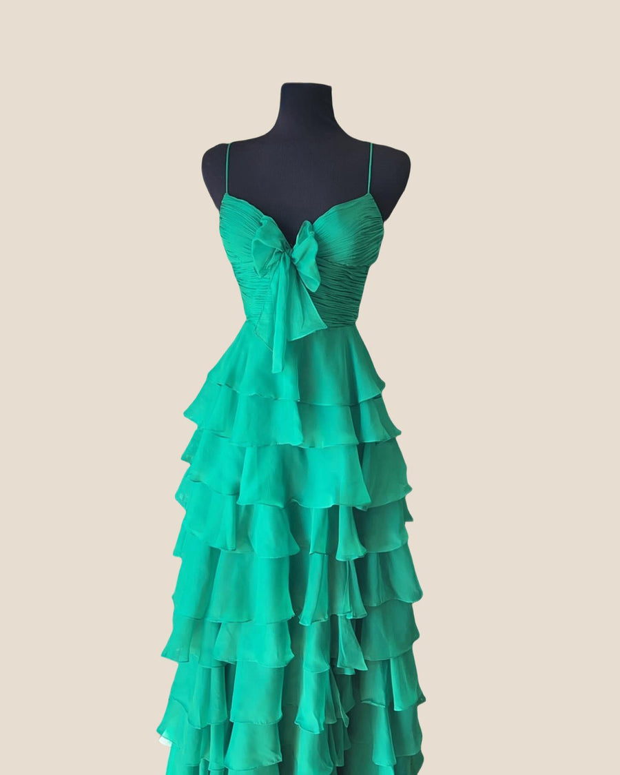 Straps Green Tiered A-line Long Dress with Bow