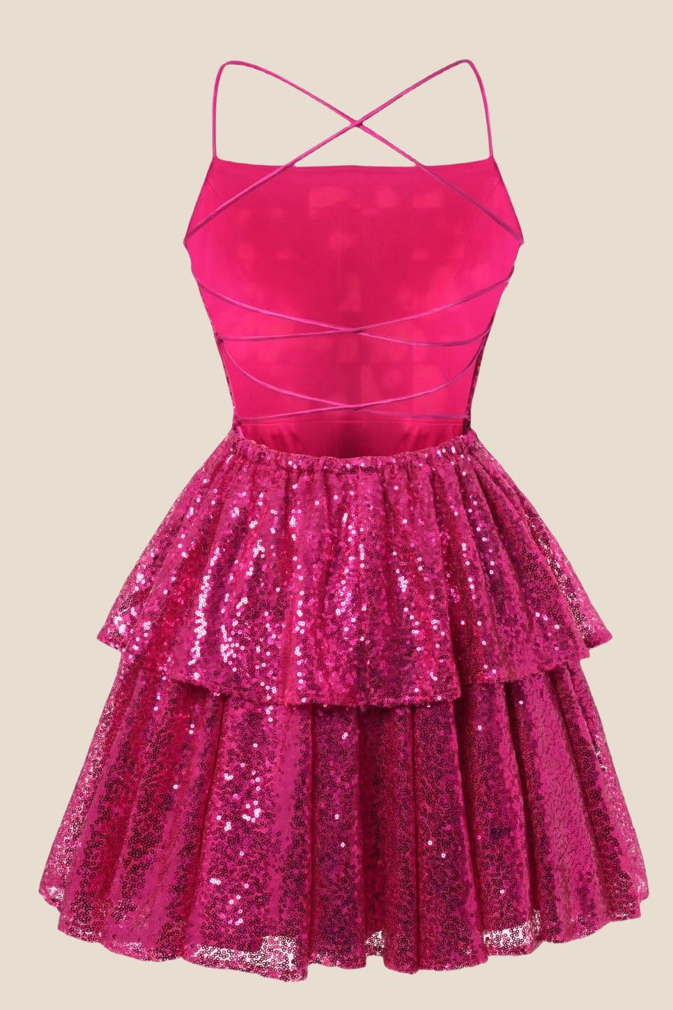 Straps Hot Pink Sequin Ruffle A-line Short Dress – Ohmollydress