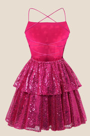 Straps Hot Pink Sequin Ruffle A-line Short Dress