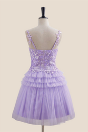 Straps Lavender Appliques Tiered Short Dress