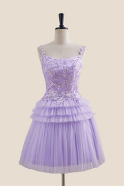 Straps Lavender Appliques Tiered Short Dress