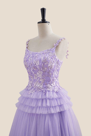 Straps Lavender Appliques Tiered Short Dress