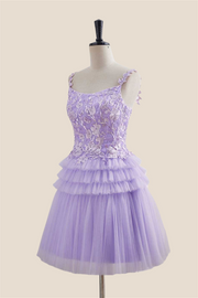 Straps Lavender Appliques Tiered Short Dress