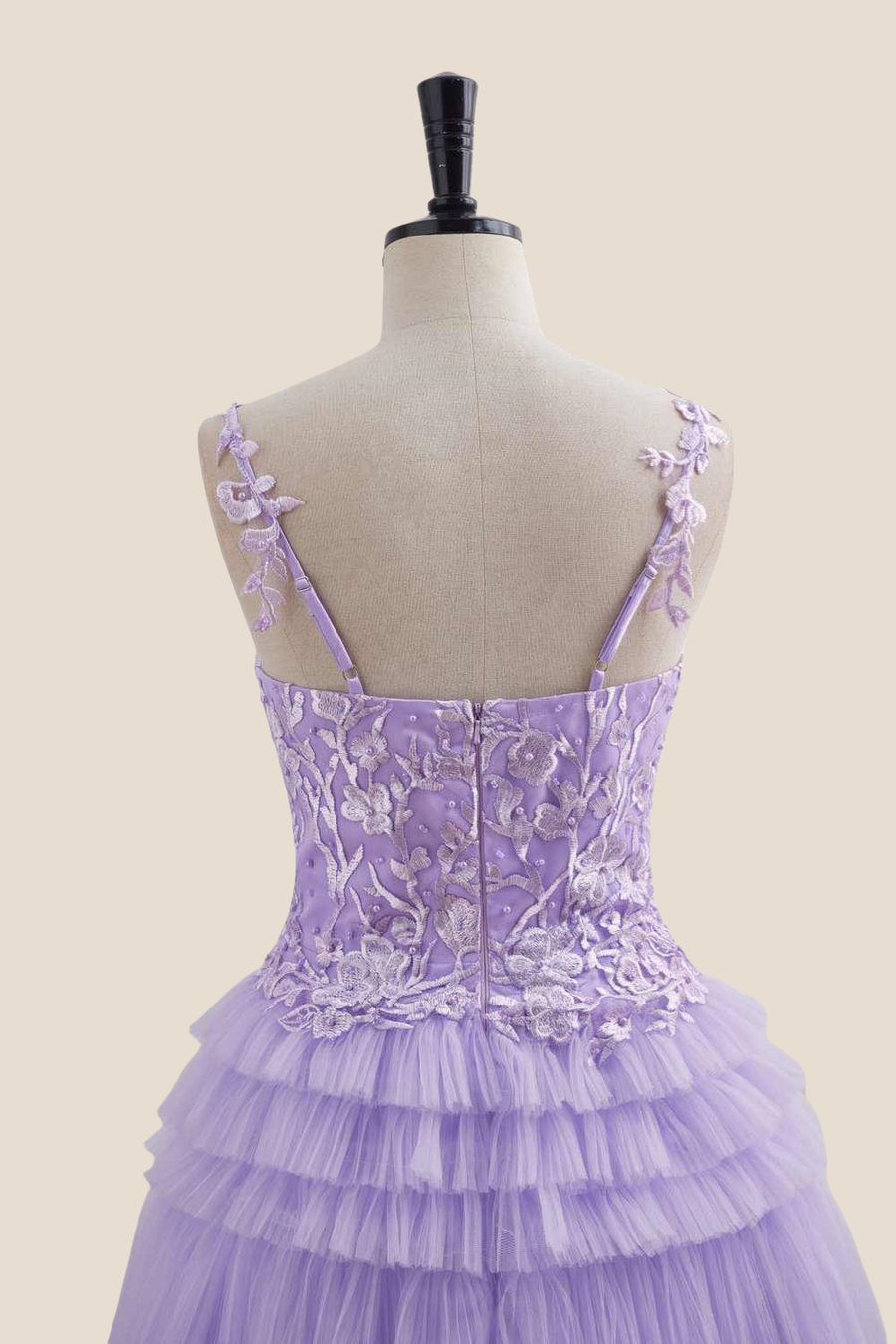 Straps Lavender Appliques Tiered Short Dress