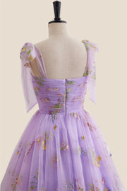 Straps Lavender Floral Ruched Tulle Short Dress