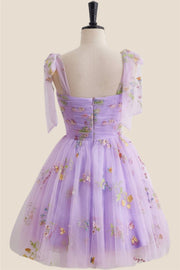 Straps Lavender Floral Ruched Tulle Short Dress