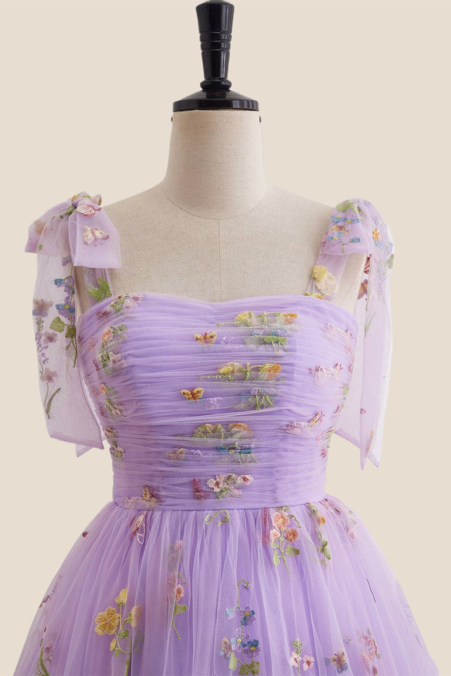 Straps Lavender Floral Ruched Tulle Short Dress