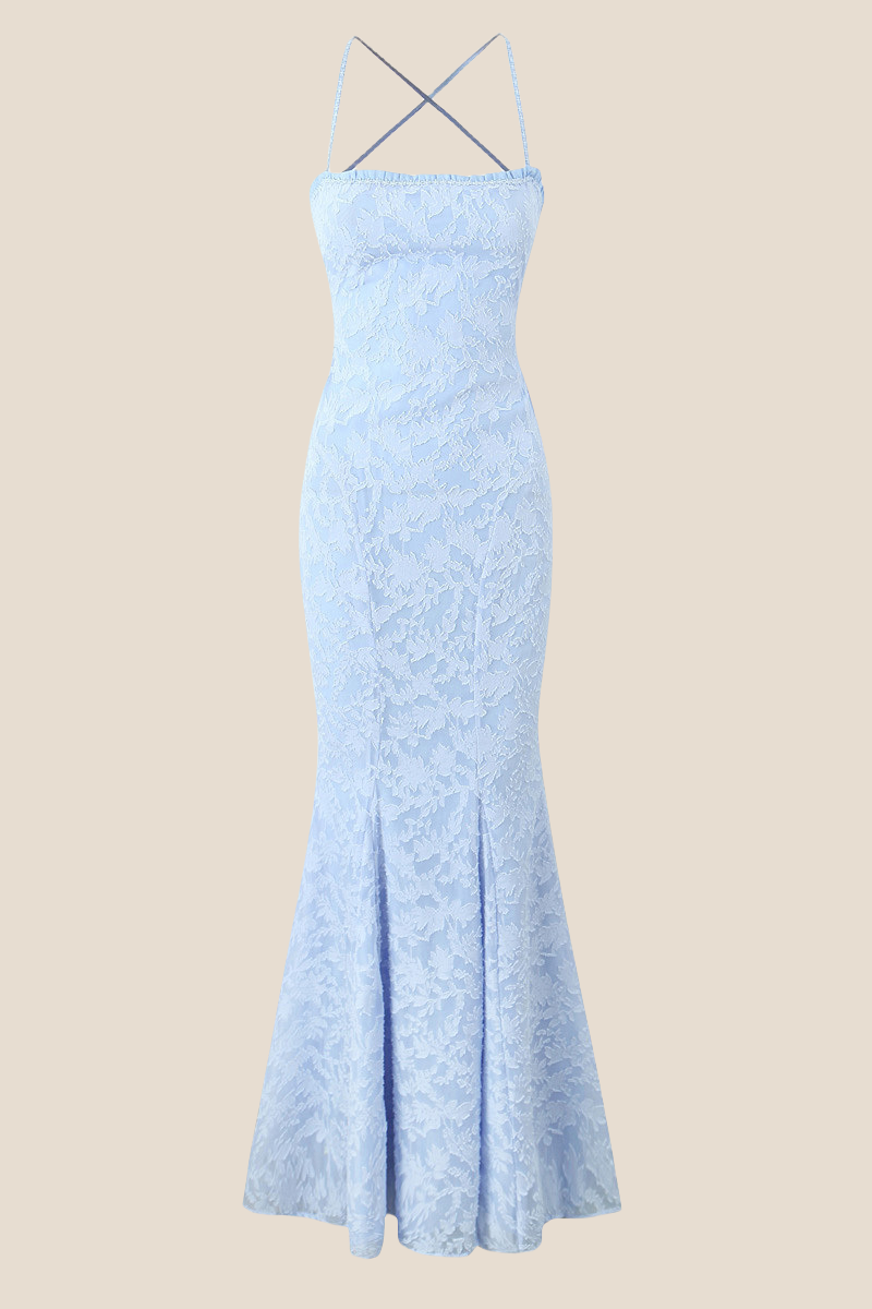 Straps Light Blue Lace Mermaid Maxi Dress