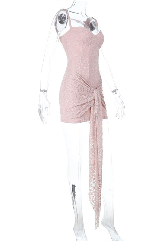 Straps Light Pink Bodycon Lace Short Dress