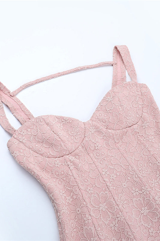 Straps Light Pink Bodycon Lace Short Dress