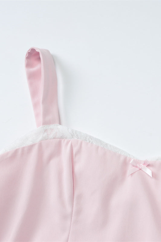 Straps Light Pink Lace Stitching Short Dress