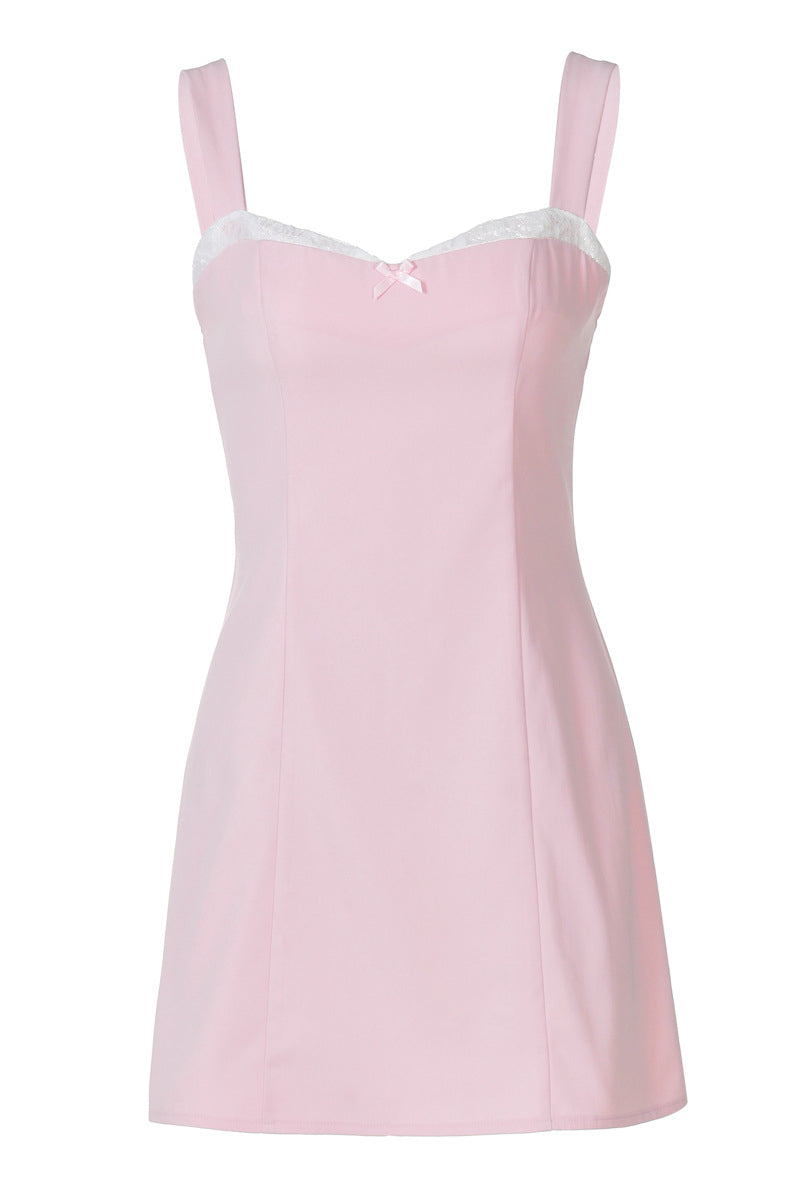 Straps Light Pink Lace Stitching Short Dress