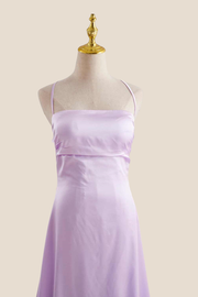 Straps Lilac Ruched A-line Satin Long Dress