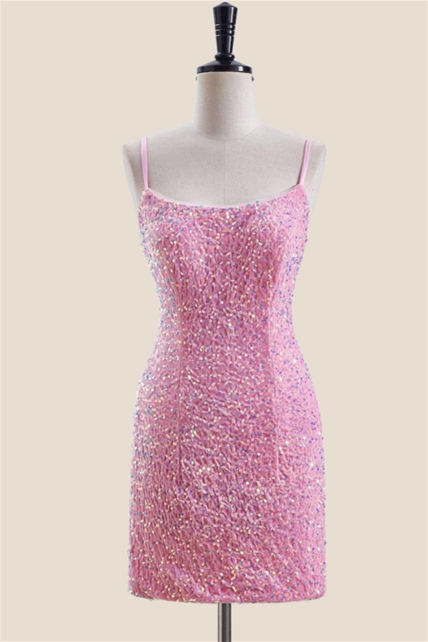 Straps Magenta Sequin Bodycon Short Dress