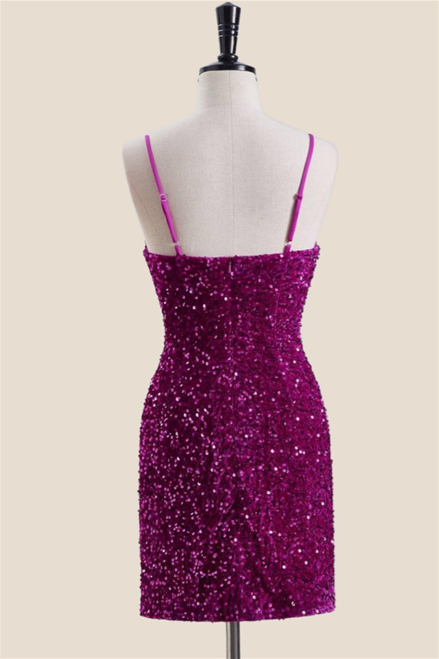 Straps Magenta Sequin Bodycon Short Dress