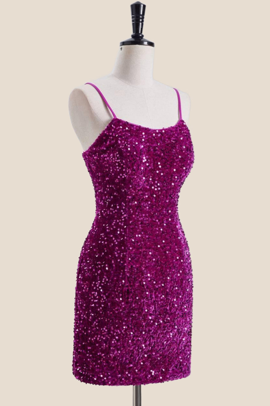 Straps Magenta Sequin Bodycon Short Dress