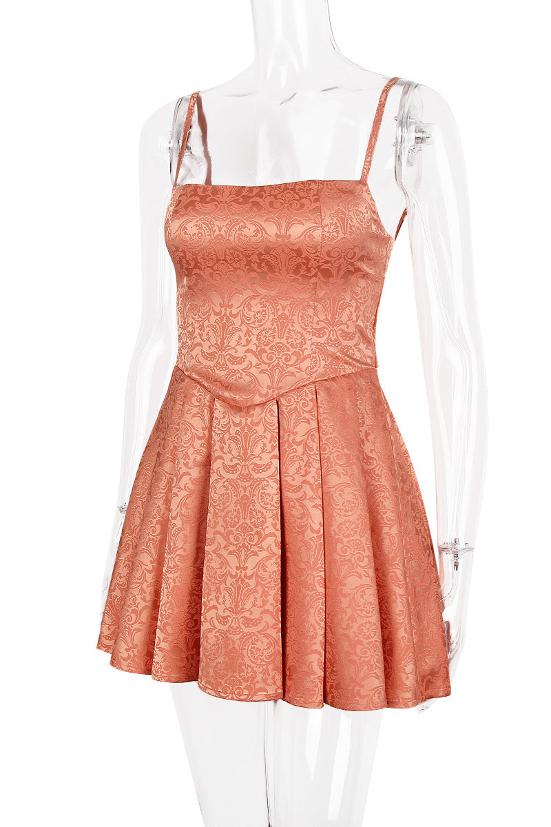 Straps Orange Back Bow Pleated Short Dress