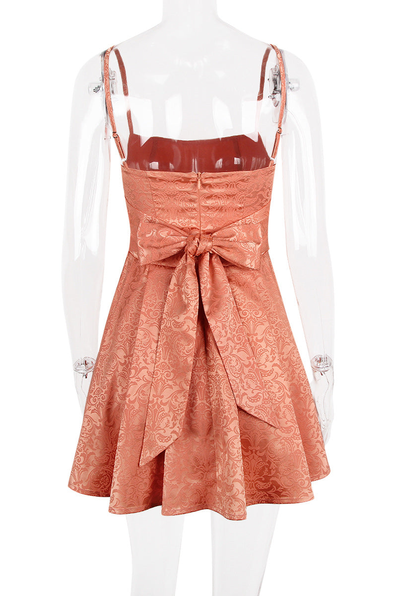 Straps Orange Back Bow Pleated Short Dress