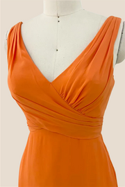 Straps Orange Ruched Long Bridesmaid Dress