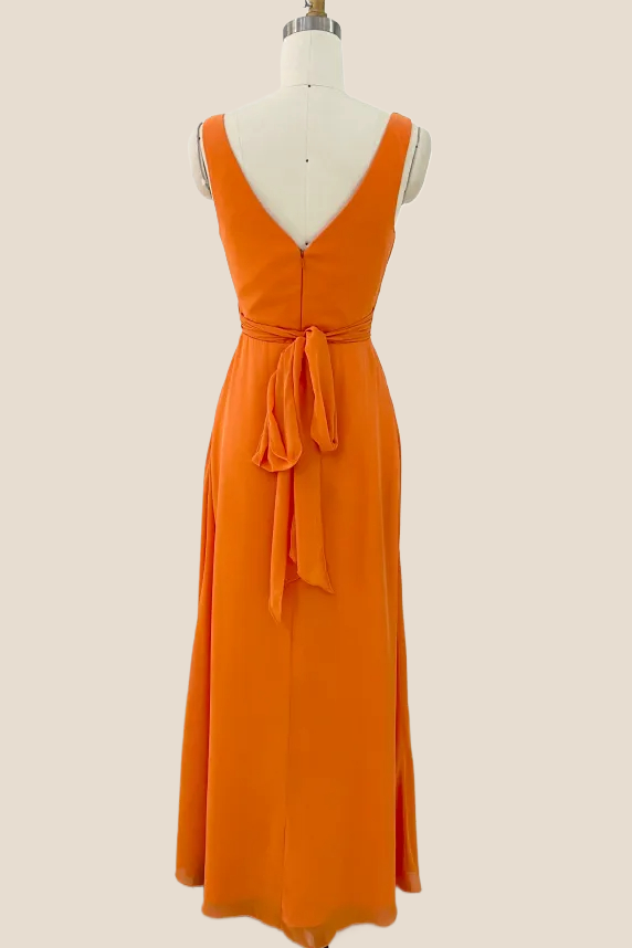 Straps Orange Ruched Long Bridesmaid Dress