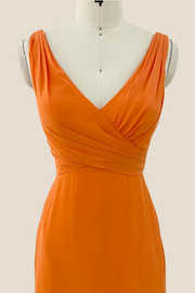 Straps Orange Ruched Long Bridesmaid Dress