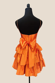 Straps Orange Ruffles A-line Taffeta Short Dress