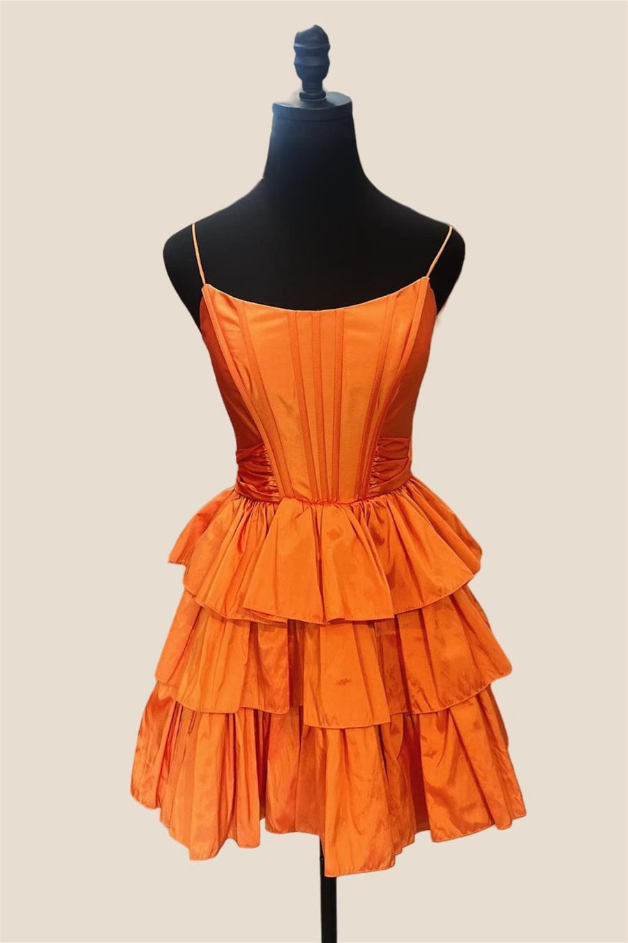 Straps Orange Ruffles A-line Taffeta Short Dress