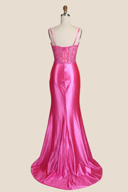 Straps Pink Appliques Ruched Long Dress with Slit