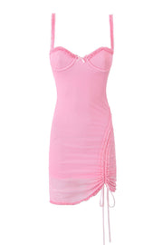 Straps Pink Drawstring Frill Mesh Short Dress