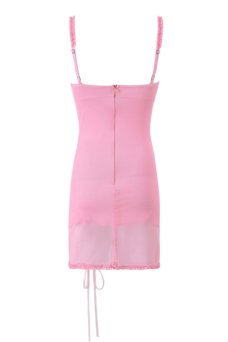 Straps Pink Drawstring Frill Mesh Short Dress