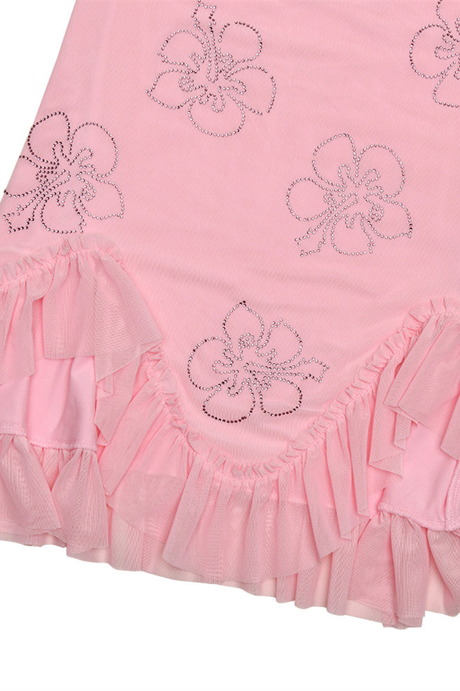 Straps Pink Floral Beaded Ruffled Short Dress