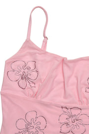 Straps Pink Floral Beaded Ruffled Short Dress