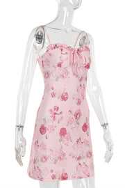Straps Pink Floral Print Tie Front Short Dress